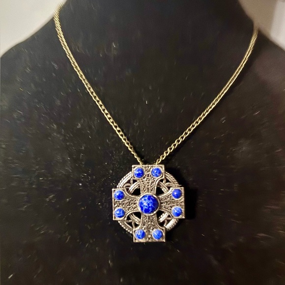 Vintage Silver Tone Celtic Cross 1.25" Irish Pin Pendant Combo Glass Cabochons - Picture 2 of 8